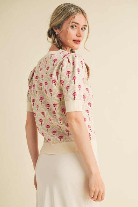 Floral Pattern Short Sleeve Sweater - Cream Rose Multi