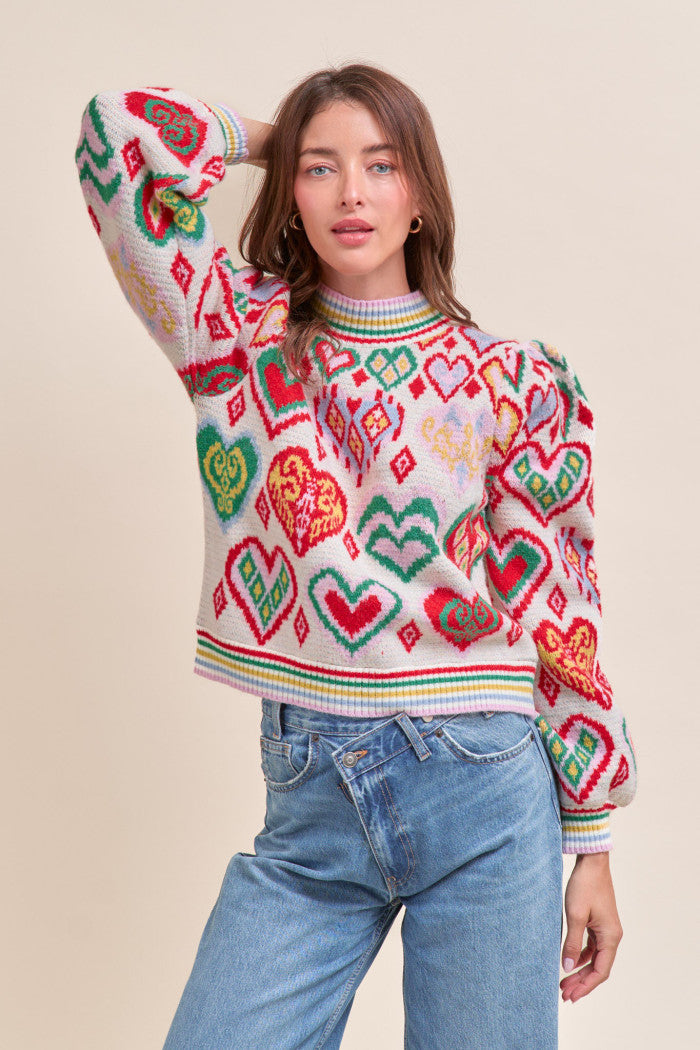 Heart Pattern Pullover Sweater - Ivory Red Multi