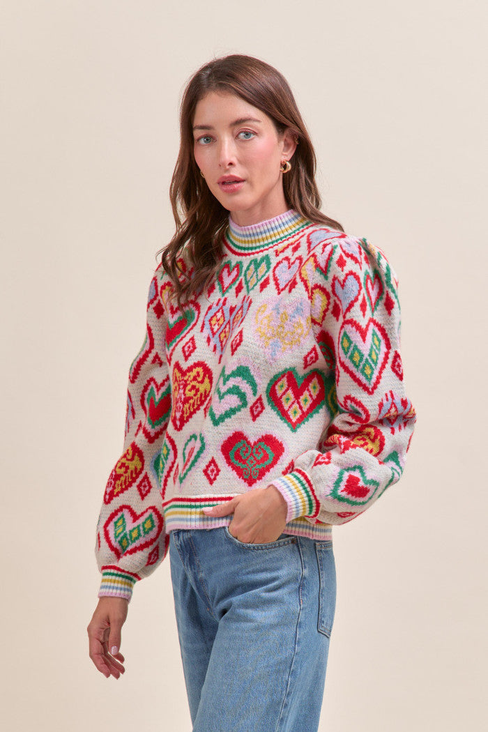 Heart Pattern Pullover Sweater - Ivory Red Multi
