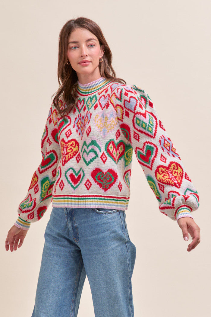 Heart Pattern Pullover Sweater - Ivory Red Multi