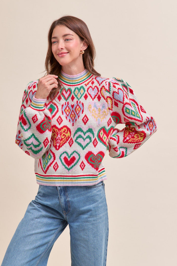 Heart Pattern Pullover Sweater - Ivory Red Multi