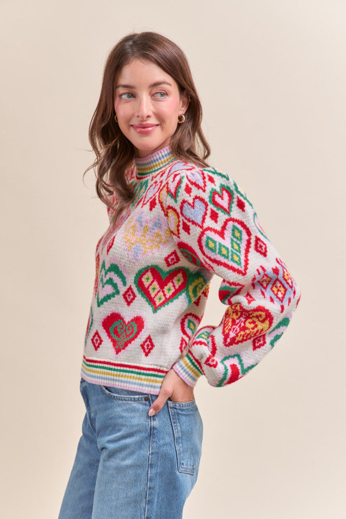 Heart Pattern Pullover Sweater - Ivory Red Multi
