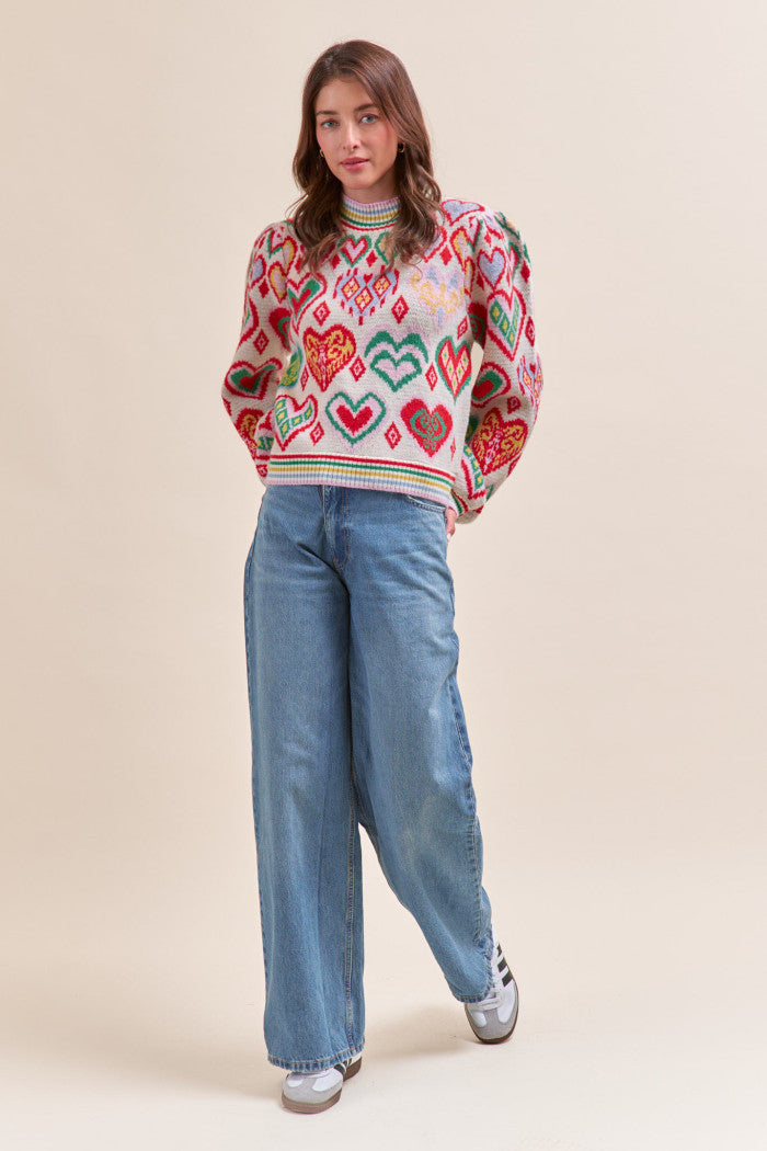 Heart Pattern Pullover Sweater - Ivory Red Multi