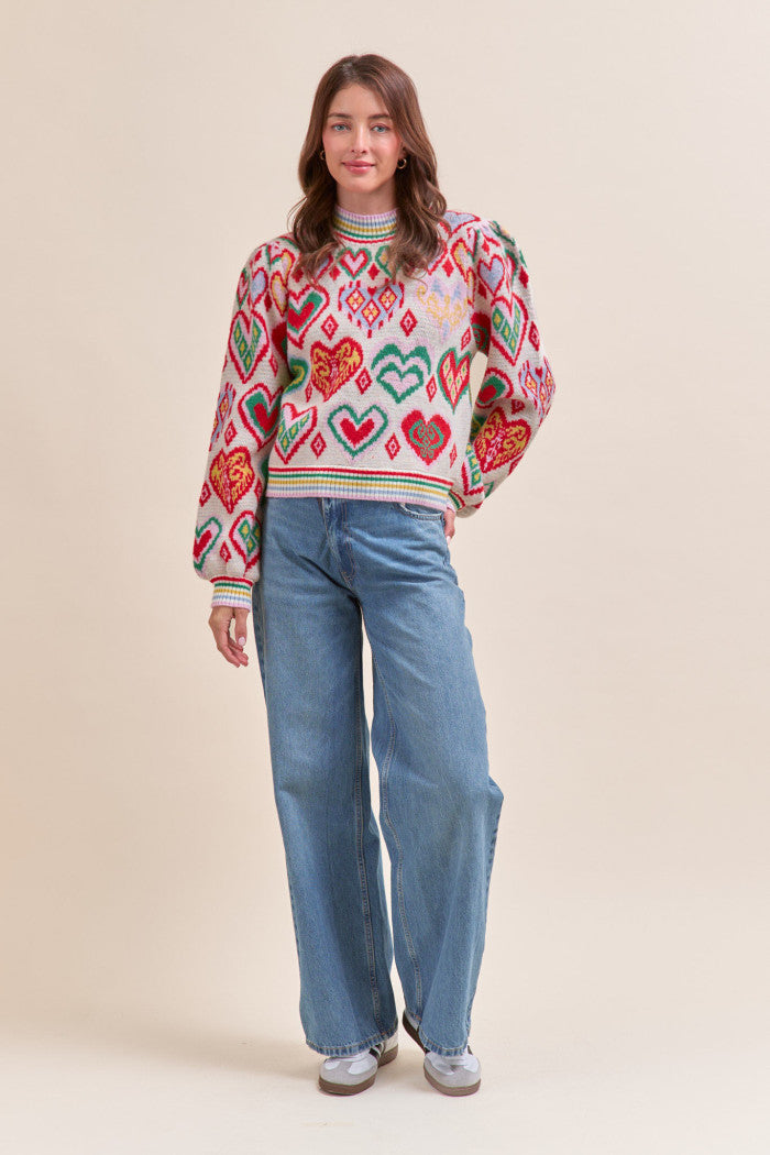 Heart Pattern Pullover Sweater - Ivory Red Multi