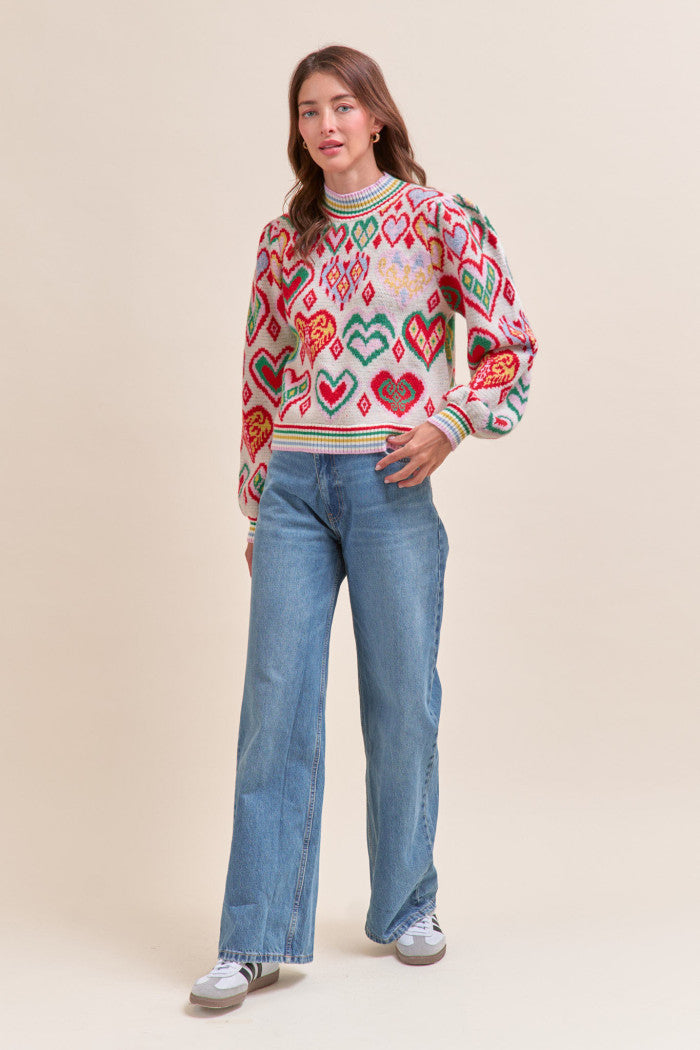 Heart Pattern Pullover Sweater - Ivory Red Multi