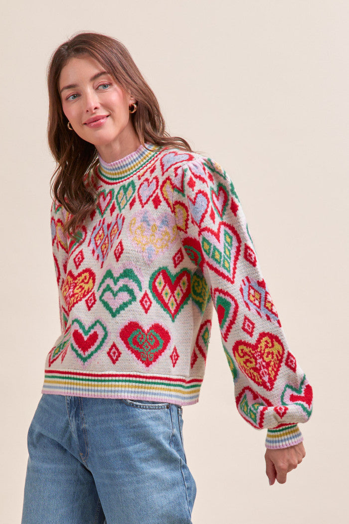 Heart Pattern Pullover Sweater - Ivory Red Multi
