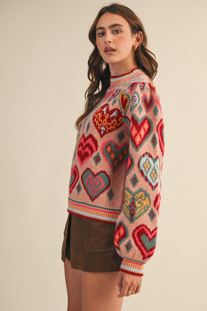 Heart Pattern Pullover Sweater - Pink Multi