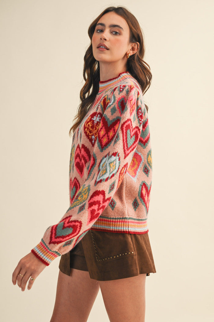 Heart Pattern Pullover Sweater - Pink Multi