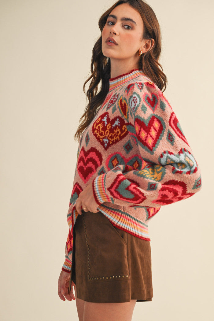 Heart Pattern Pullover Sweater - Pink Multi