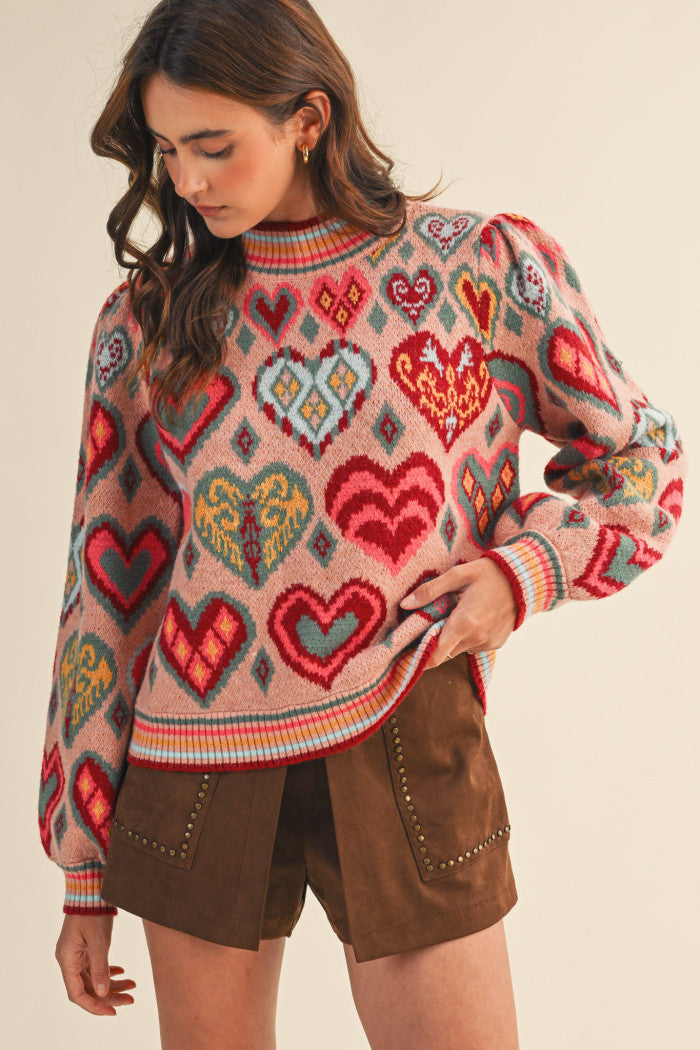 Heart Pattern Pullover Sweater - Pink Multi
