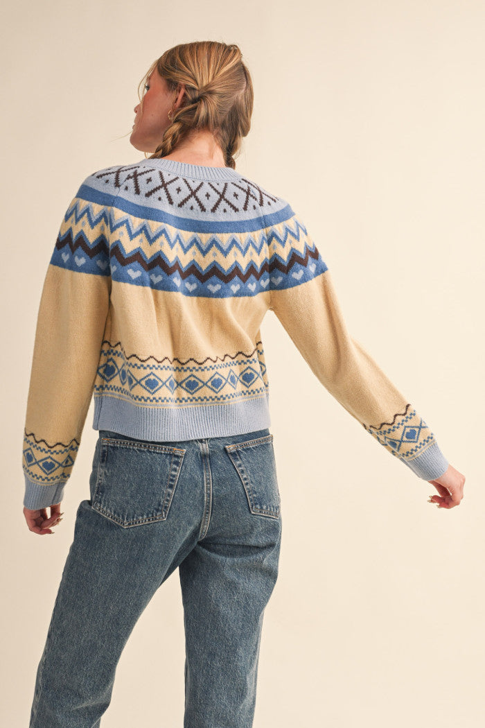 Fair Isle Sweater Cardigan - Blue Brown