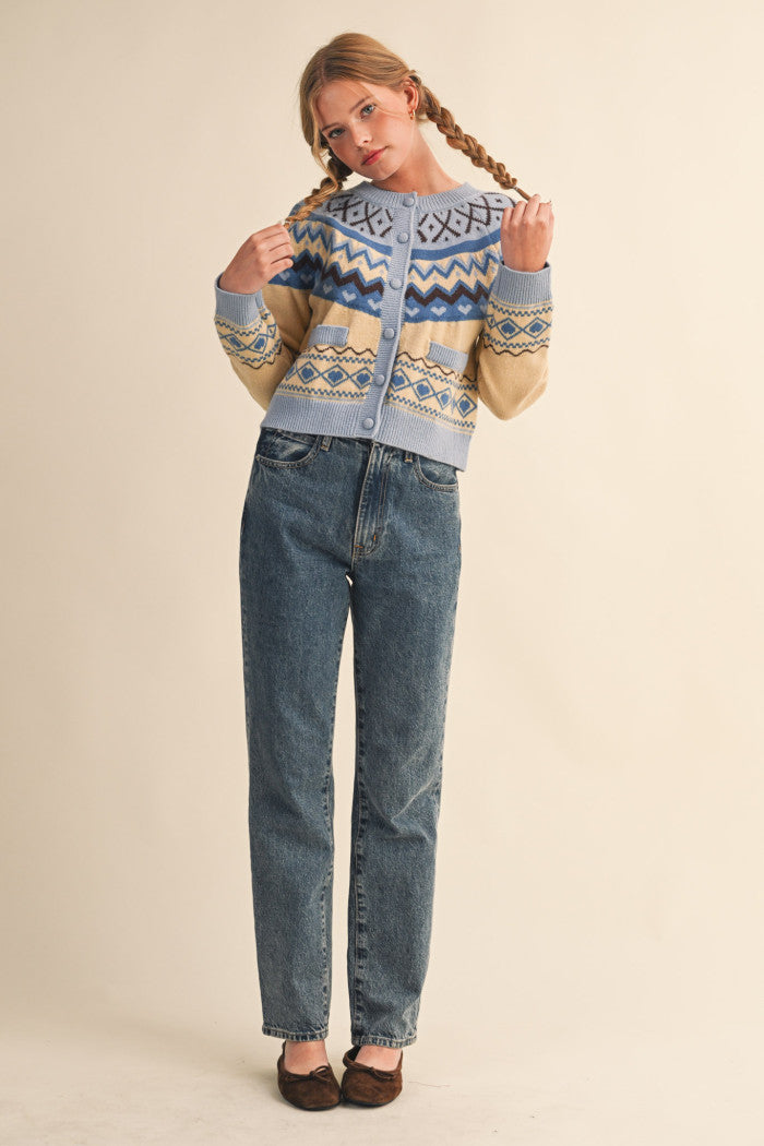 Fair Isle Sweater Cardigan - Blue Brown