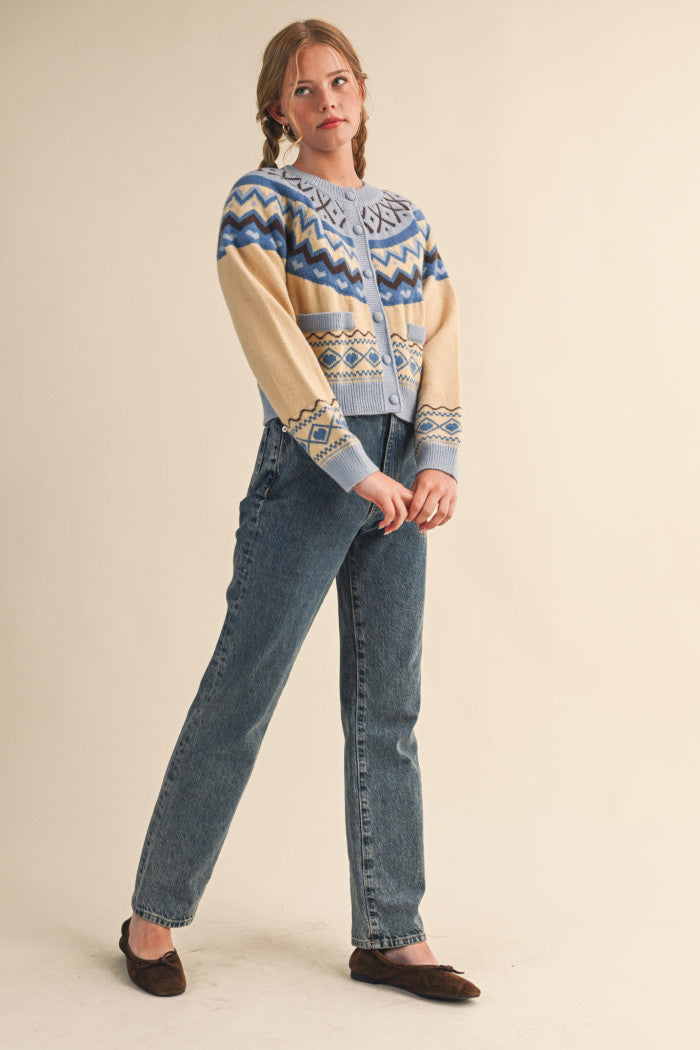 Fair Isle Sweater Cardigan - Blue Brown