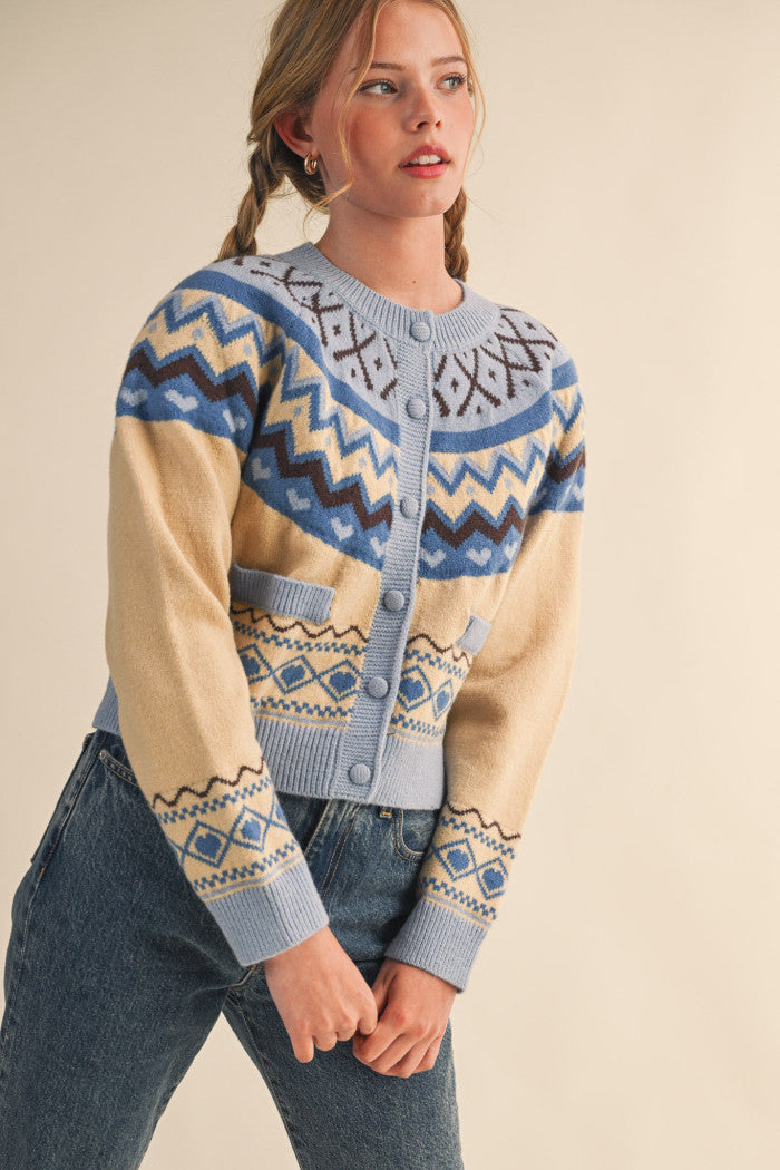Fair Isle Sweater Cardigan - Blue Brown