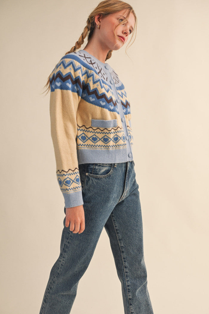 Fair Isle Sweater Cardigan - Blue Brown