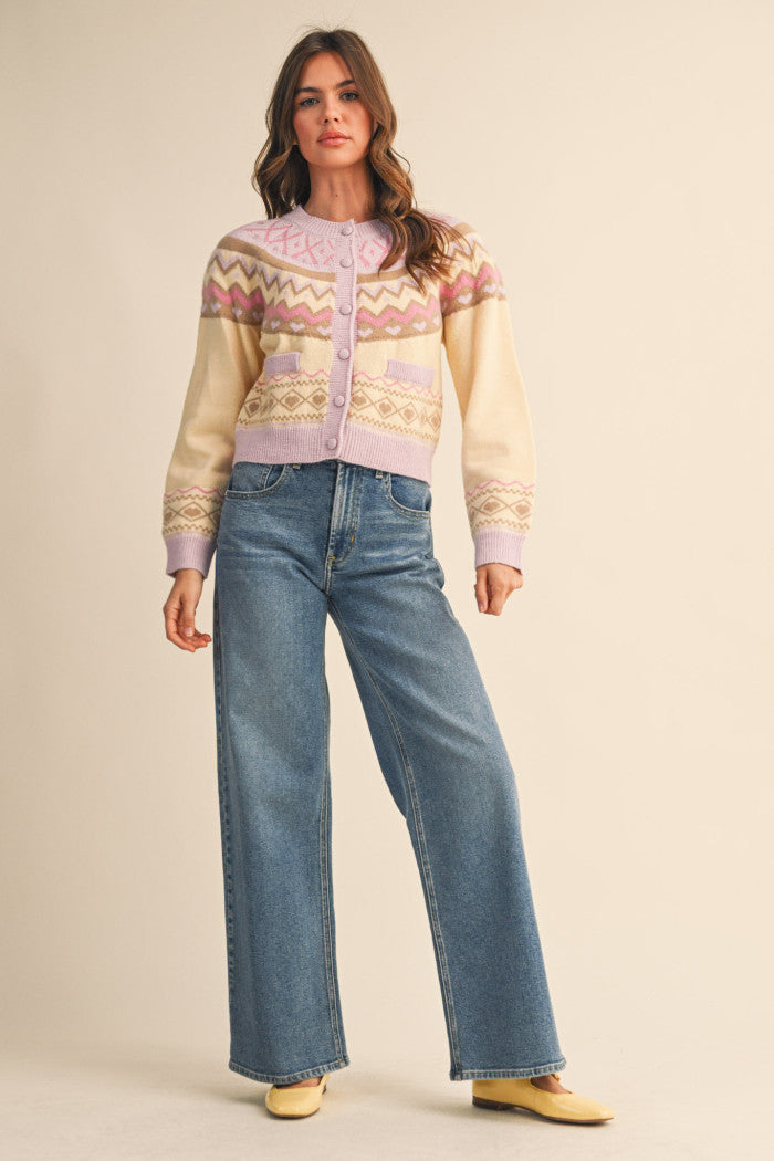 Fair Isle Sweater Cardigan - Light Pink