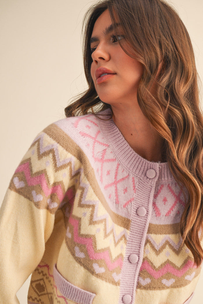 Fair Isle Sweater Cardigan - Light Pink