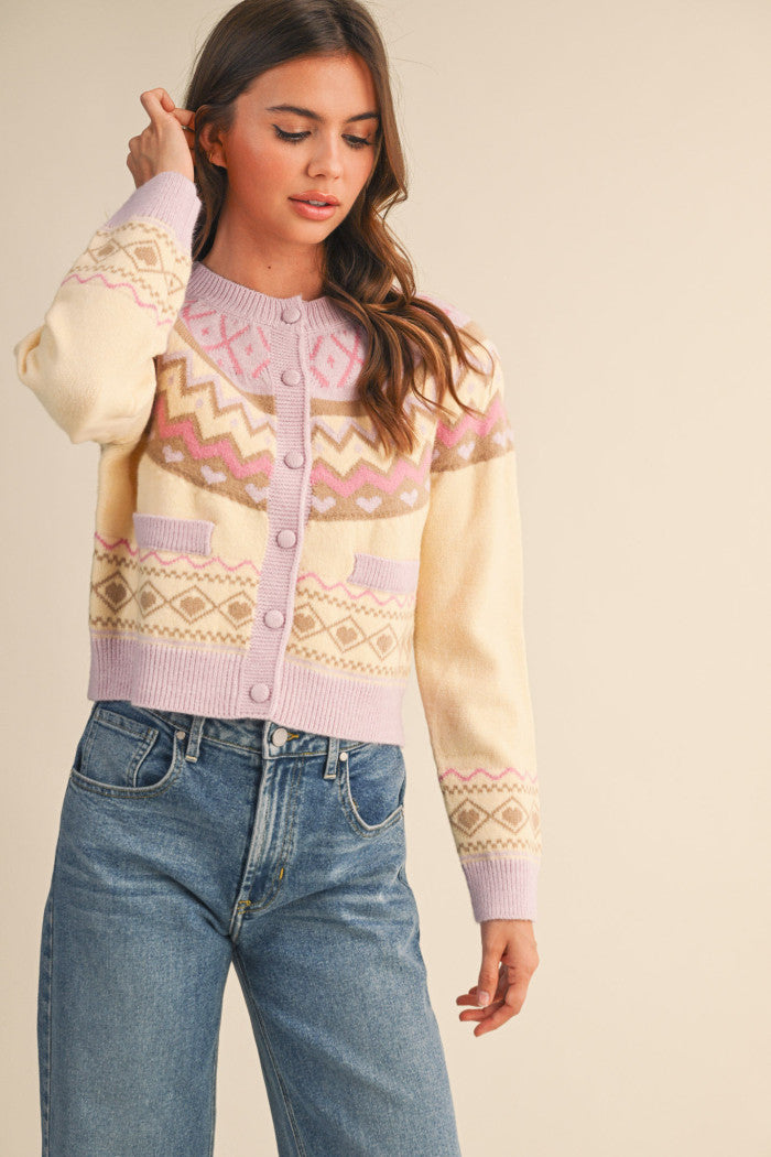 Fair Isle Sweater Cardigan - Light Pink