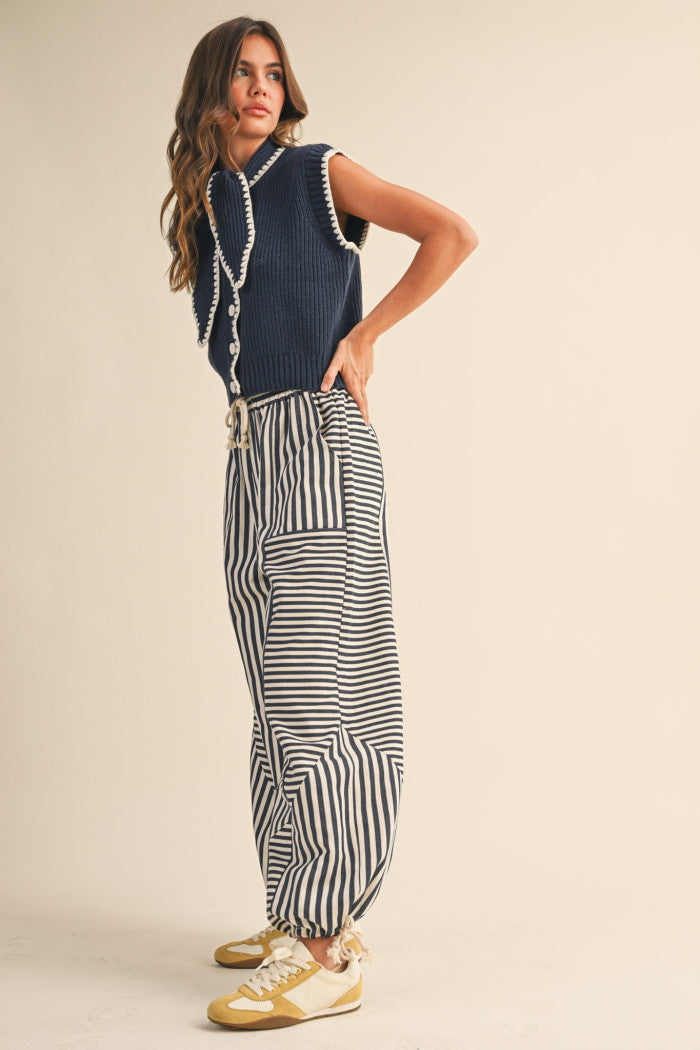 Tie Neck Sweater Vest - Navy White