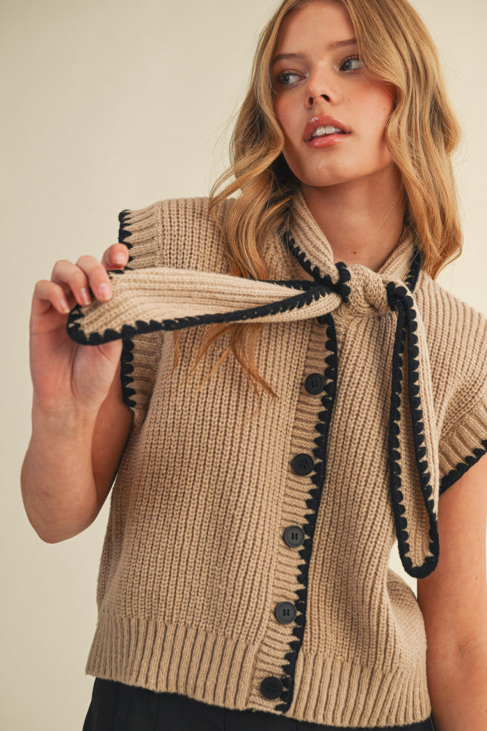 Tie Neck Sweater Vest - Taupe Black