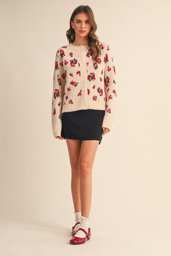 Floral Sweater Cardigan - Taupe Beige Floral