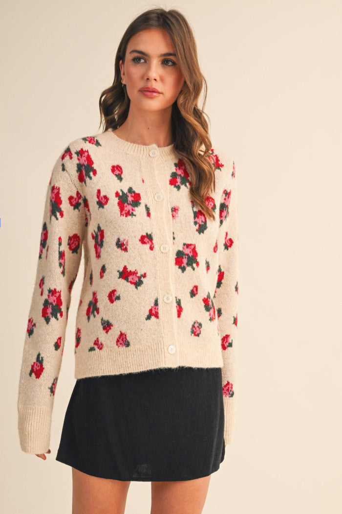 Floral Sweater Cardigan - Taupe Beige Floral