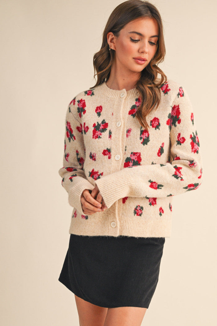 Floral Sweater Cardigan - Taupe Beige Floral