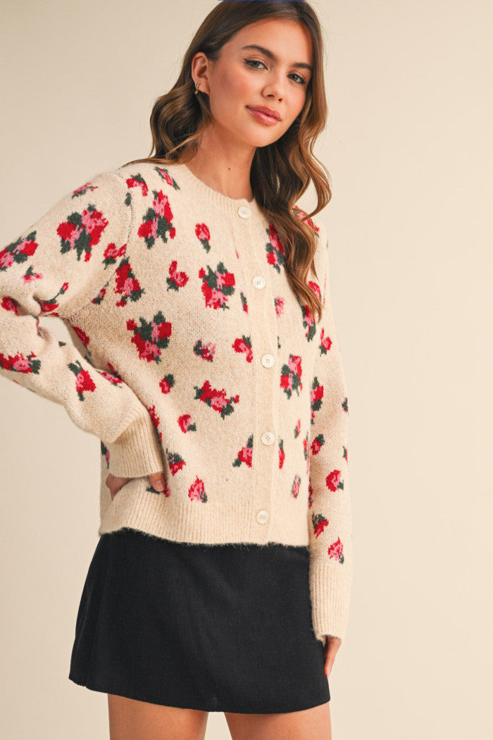 Floral Sweater Cardigan - Taupe Beige Floral