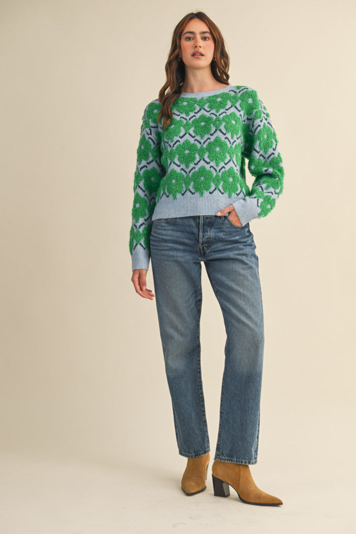 Fuzzy Floral Sweater - Green Flower