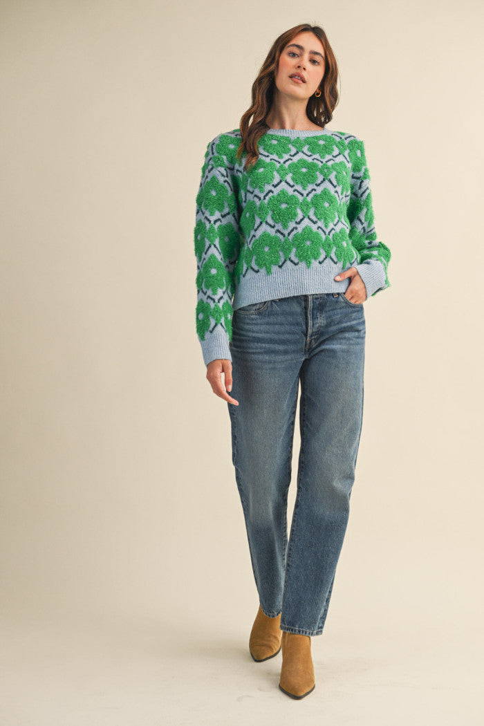 Fuzzy Floral Sweater - Green Flower