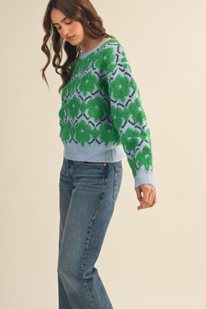 Fuzzy Floral Sweater - Green Flower