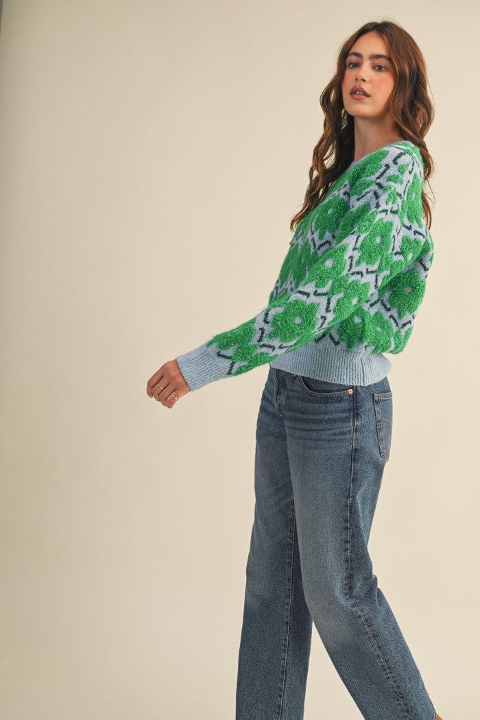 Fuzzy Floral Sweater - Green Flower