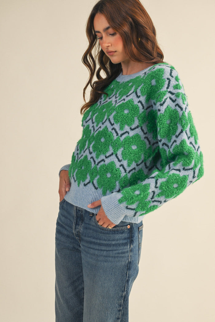 Fuzzy Floral Sweater - Green Flower