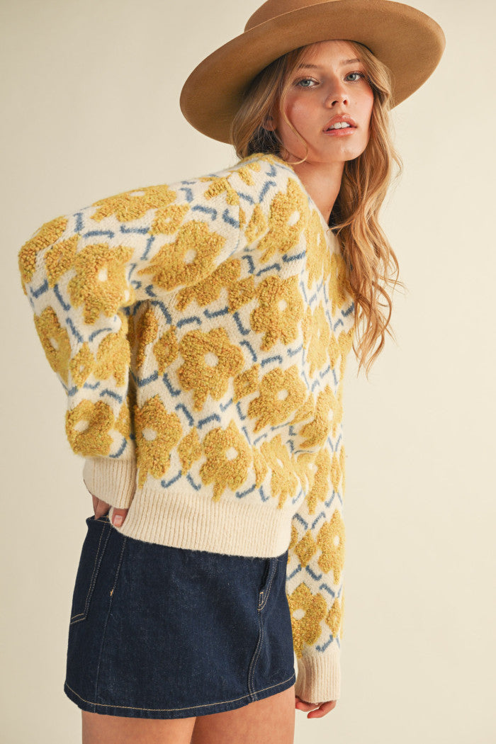 Fuzzy Floral Sweater - Yellow Flower
