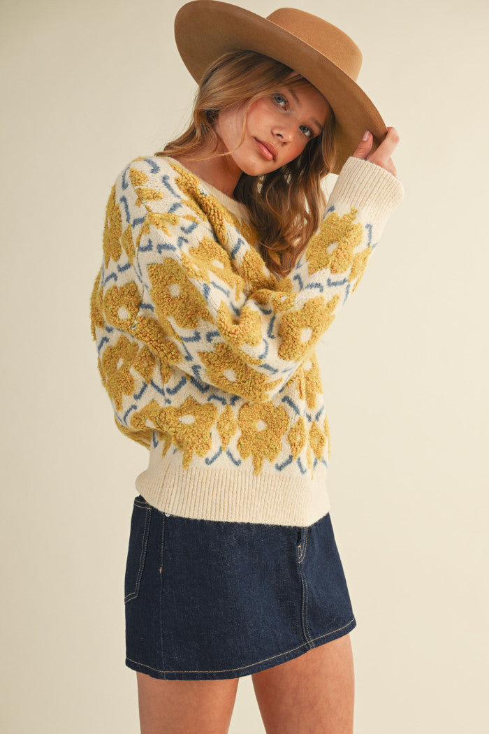 Fuzzy Floral Sweater - Yellow Flower