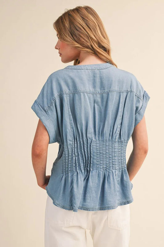 Pin Tuck Waist Button Down Top - Light Denim