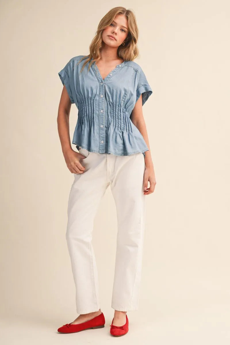 Pin Tuck Waist Button Down Top - Light Denim