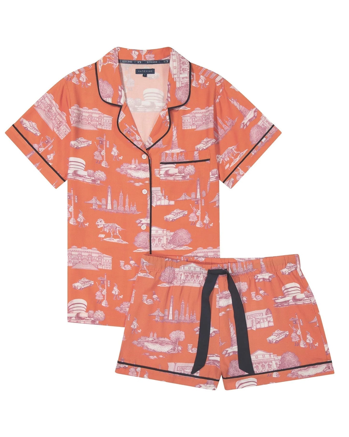 New York Toile Pajama Shorts Set - Orange