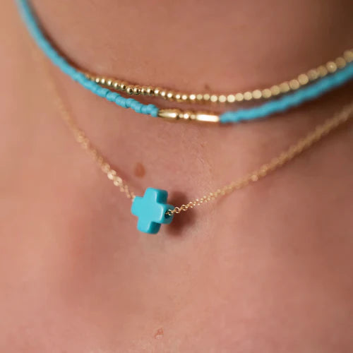 eNewton - 16" Necklace Gold - Signature Cross - Turquoise