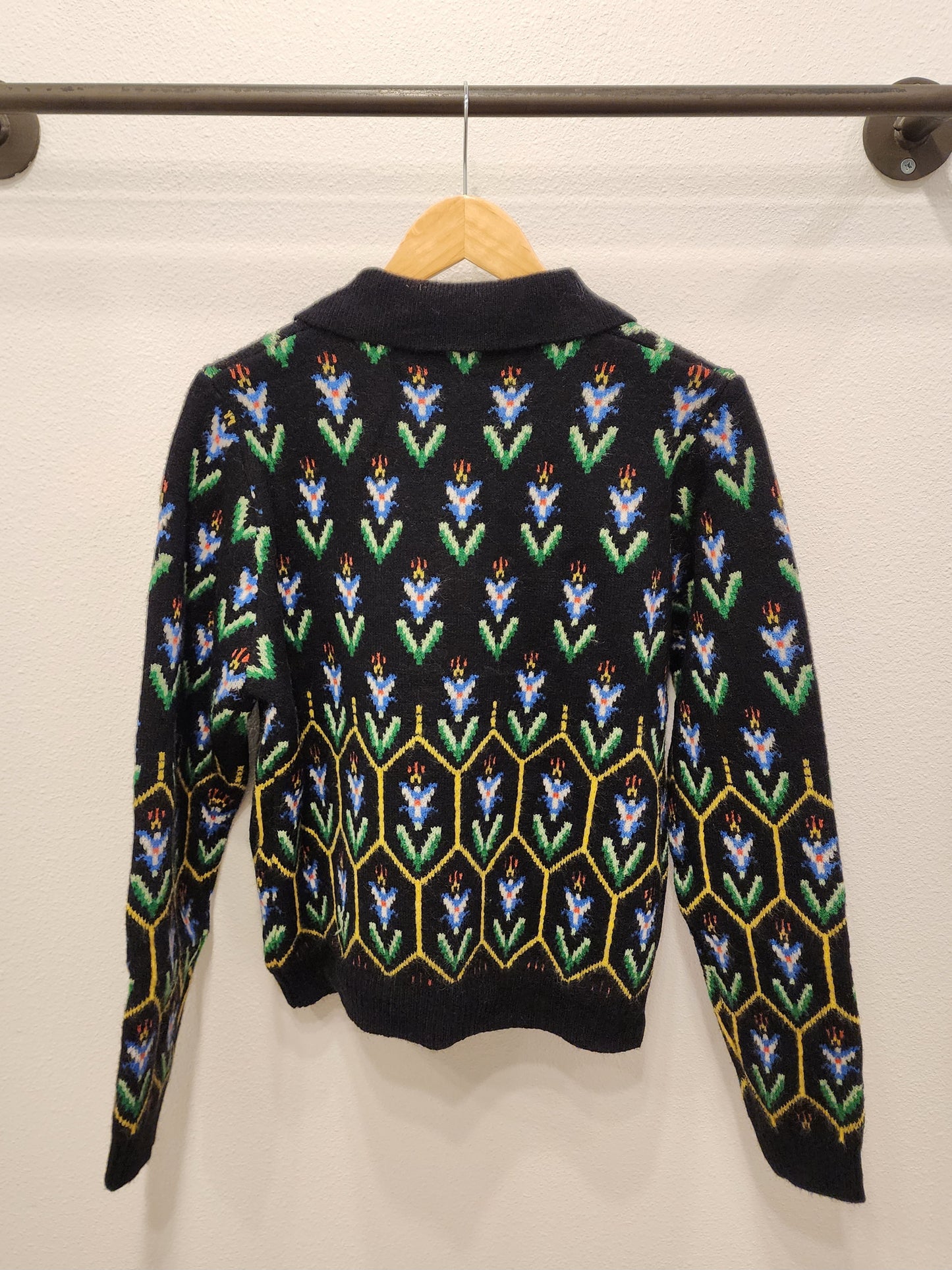 Floral Knit Collared Sweater Cardigan - Black Multi
