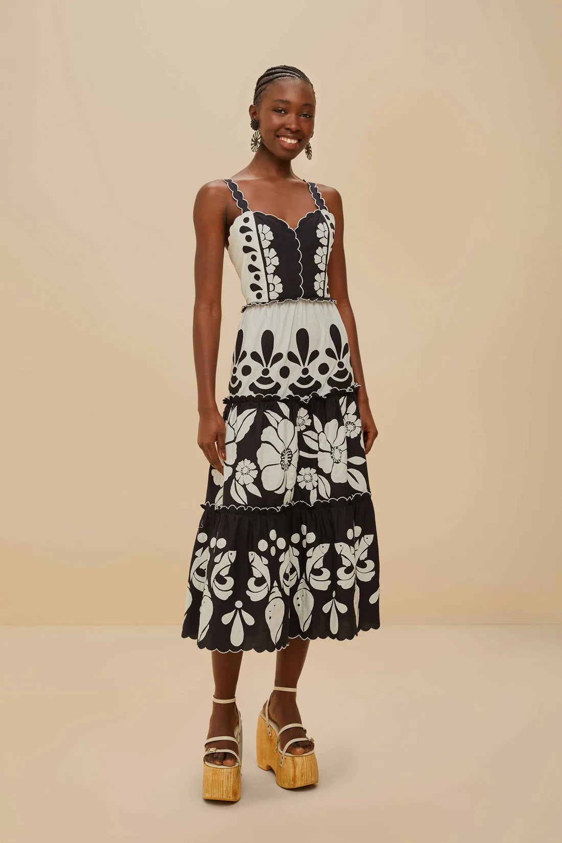 Summer Black and White Cutwork Midi Dress