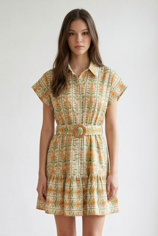 Botanical Print Belted Mini Dress - Orange