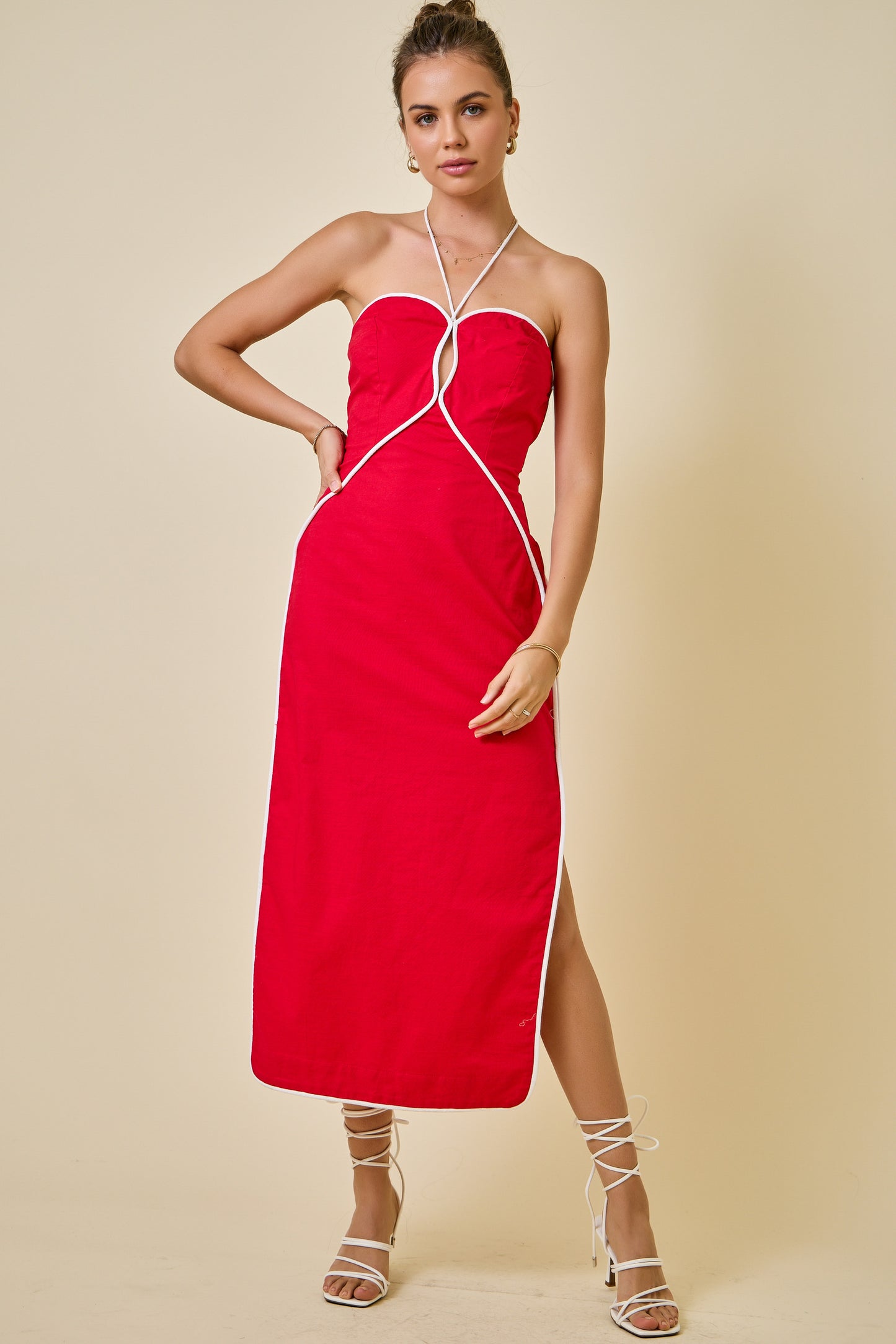 Halter Neck Midi Dress - Red