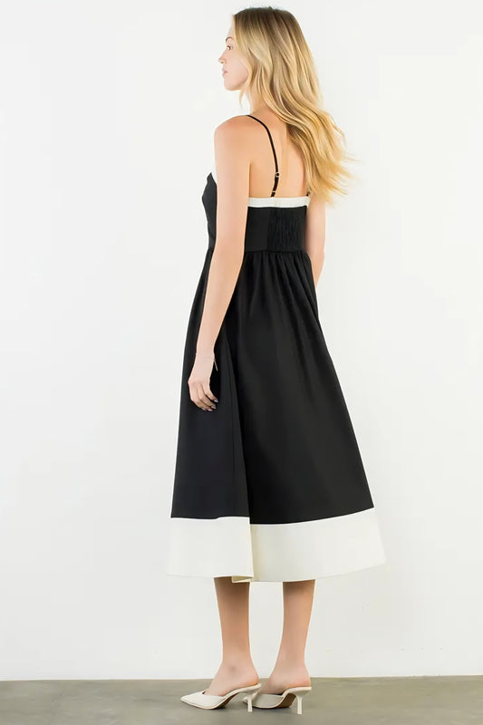 Thin Strap Bow Detail Midi Dress - Black