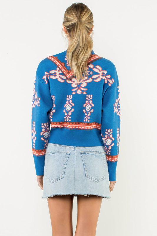 Long Sleeve Print Sweater - Blue