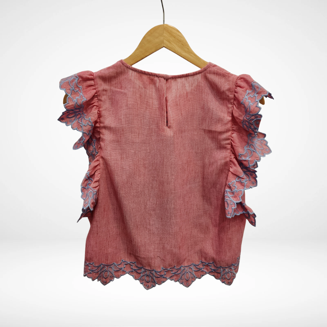 Flutter Sleeve Embroidery Detail Top - Pink