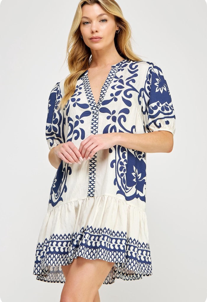 Border Print V-Neck Tunic Mini Dress - Blue/White