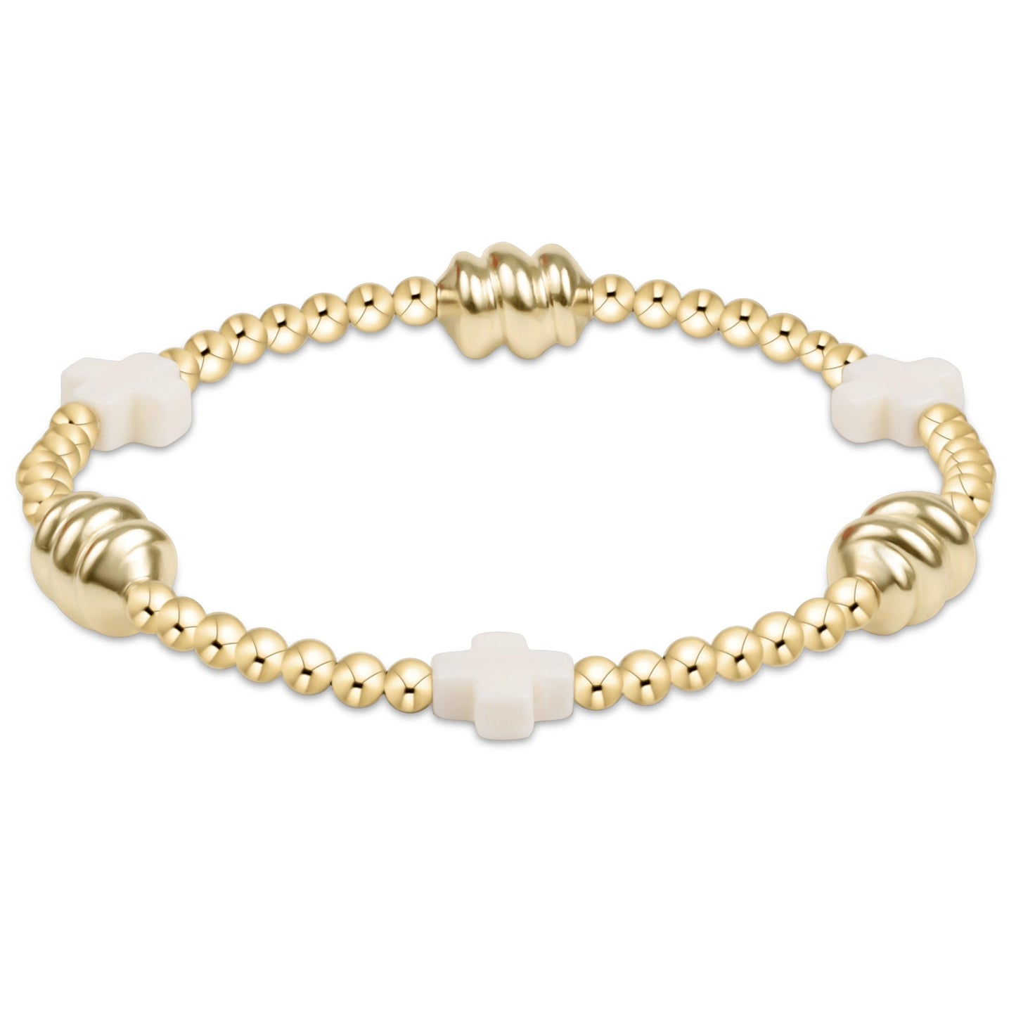 eNewton - Signature Cross Admire Gold Pattern 3mm Bead Bracelet - Off-White