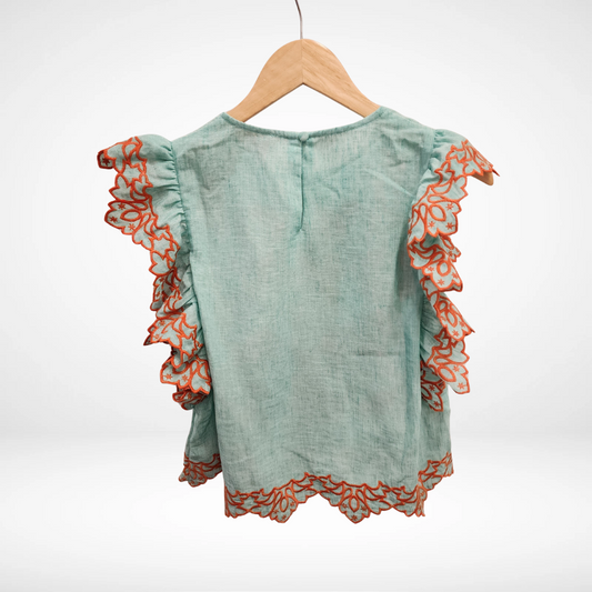 Flutter Sleeve Embroidery Detail Top - Mint