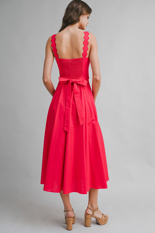 Scallop Detailed Midi Dress - Red
